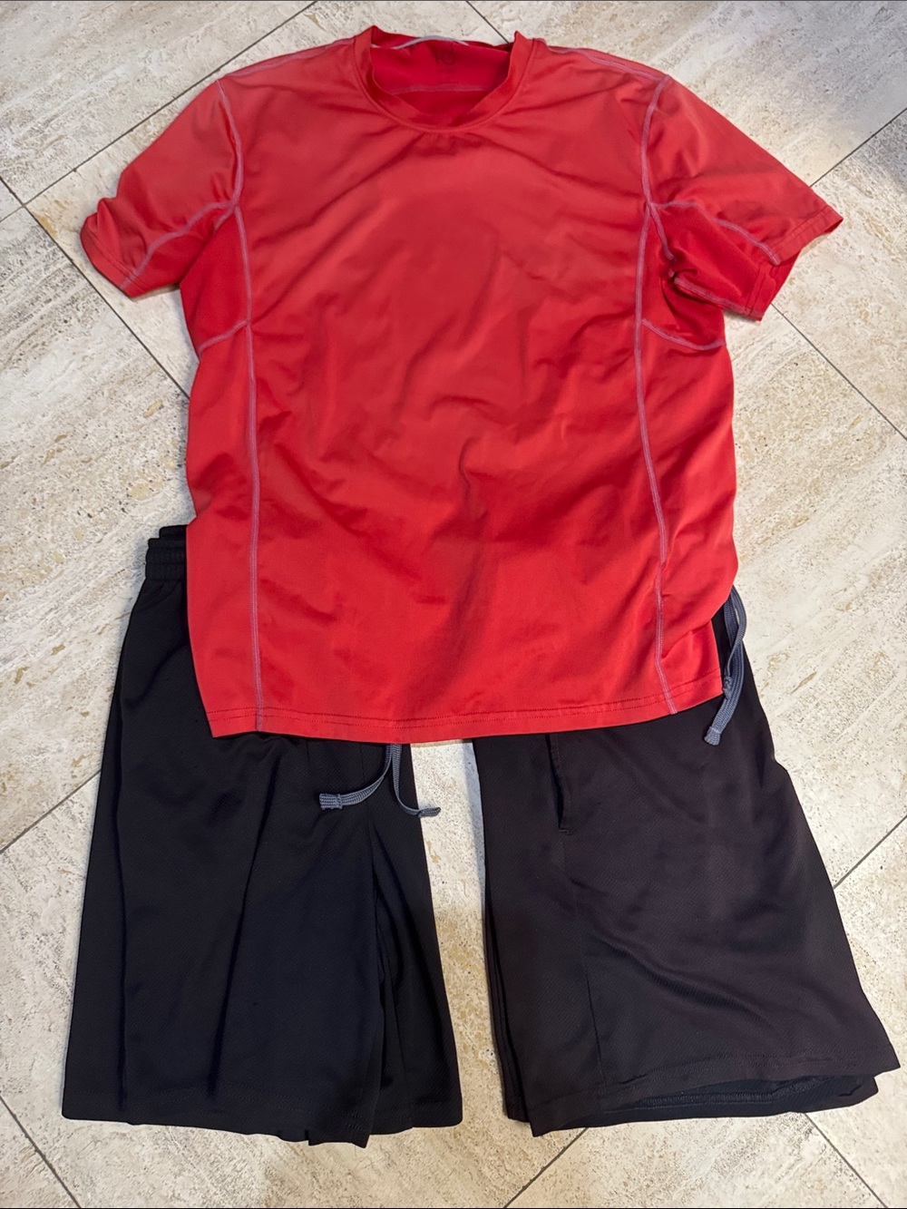 Red Athletic Tee with 2 pairs of Black Athletic Shorts Set